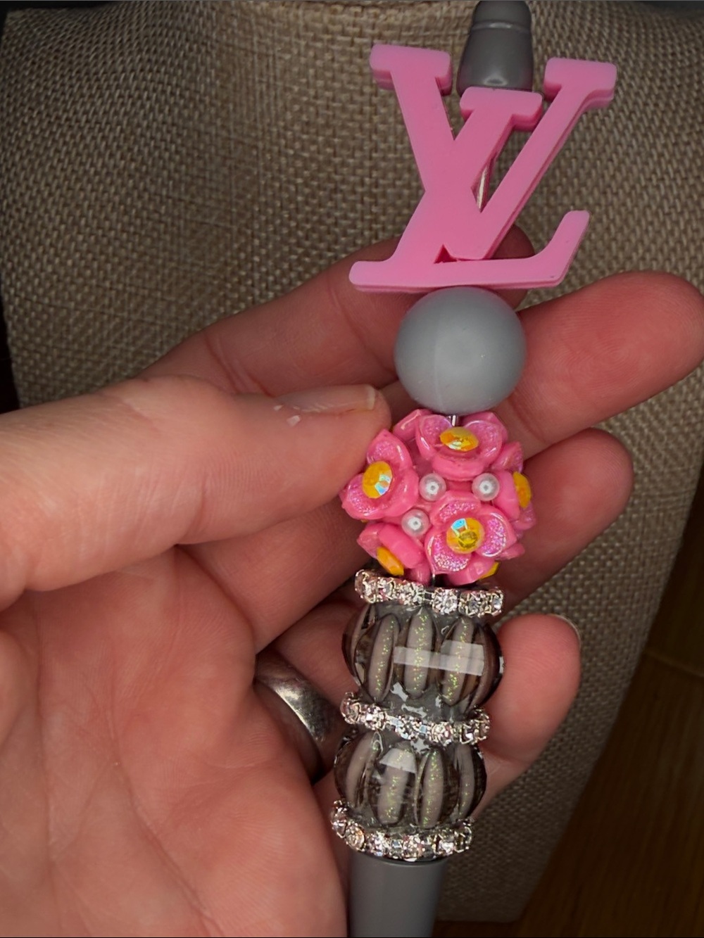 Luxury-Inspired Pink LV Logo Beaded Pen